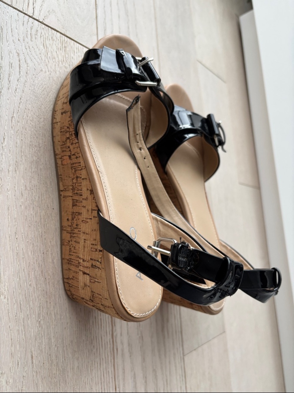 ALDO Black Patent Buckle Strap Wedge Sandals - size 38